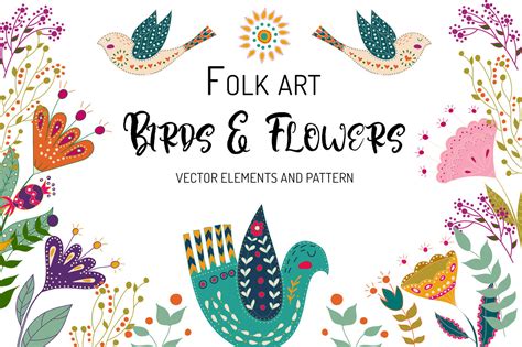 Birds And Flowers Folk Art By Olesia Agudova Thehungryjpeg