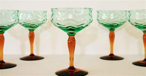 Antique Stemware Set In Amber And Optic Vaseline Green Retro Art Glass