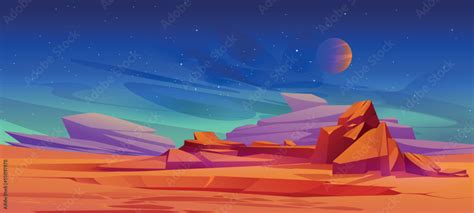 Mars Surface Alien Planet Landscape Cartoon Background With Red Desert Rocks Crater And Stars