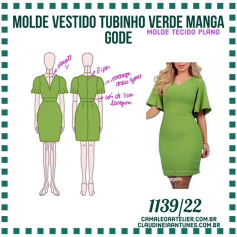 Molde Vestido Tubinho Verde Manga Gode 1139 22 CAMALEOA ATELIER DE