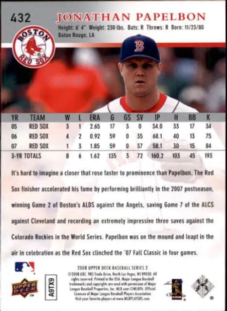 CARTE DE BASEBALL 2008 Upper Deck Boston Red Sox 432 Jonathan Papelbon