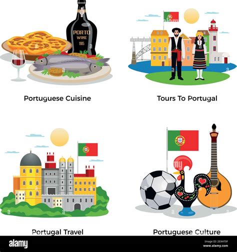 Portugal Tourism Concept Icons Set With Cuisine And Culture Symbols