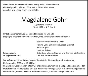 Traueranzeigen von Magdalene Gohr Schwarzwälder Bote Trauer