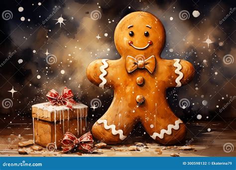 A Watercolor Illustration Of A Gingerbread Man With Gingerbread Gift