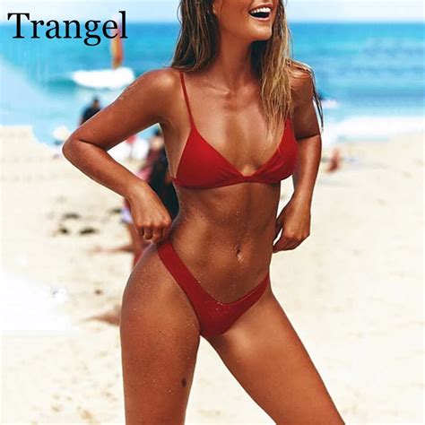 Trangel Women Sexy Swimsuit Bikini Set Solid Blue Red Padded Bra