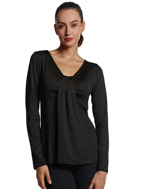 Solid Deep V Neck Ruched Full Sleeve Blouse Black Skinny Women Tops