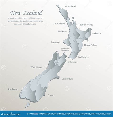 New Zealand Map Administrative Division With Names White Blue Card