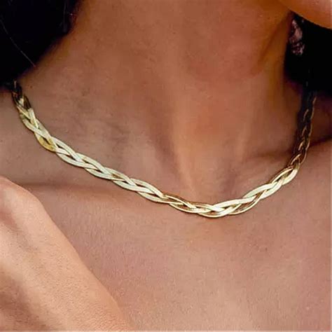 Braided Herringbone Gold Plated Necklace Etsy