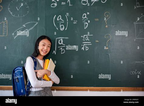 Happy Beautiful Asian Schoolgirl Girl Standing Holding Books Standing