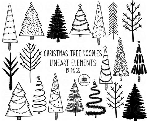 Christmas Tree Doodles Lineart Elements 19 Png Clip Art Etsy Canada