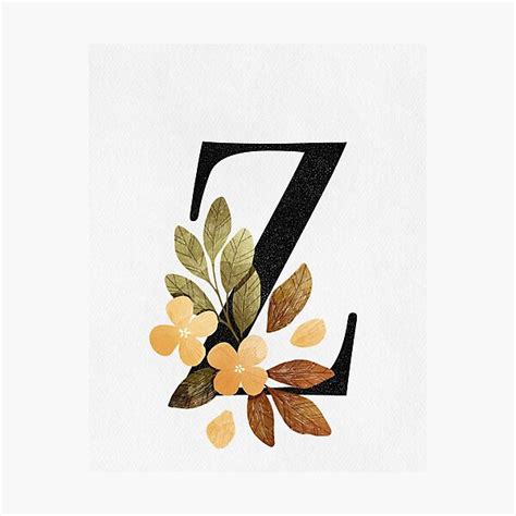 Letter Z With Flowers And Leaves Drawn With Pencil And Watercolor