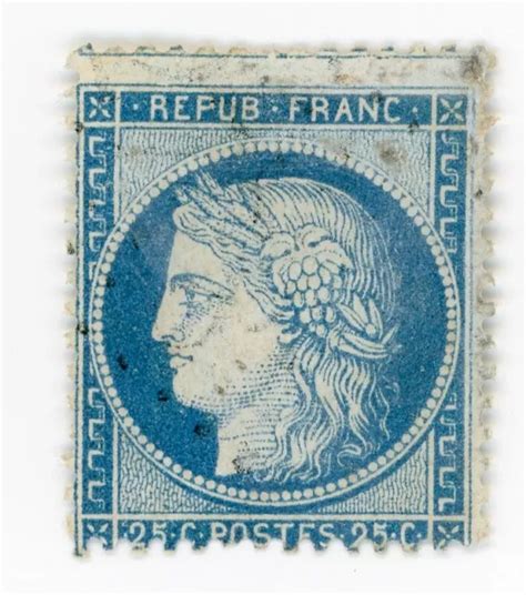 TIMBRE FRANCE 1874 type CÉRÈS N60 C dentelé 25 c bleu oblitéré 073 EUR