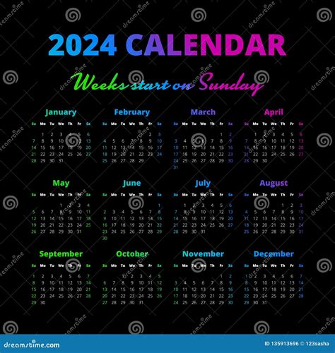 Simple 2024 Year Calendar Weeks Start On Sunday Stock Vector