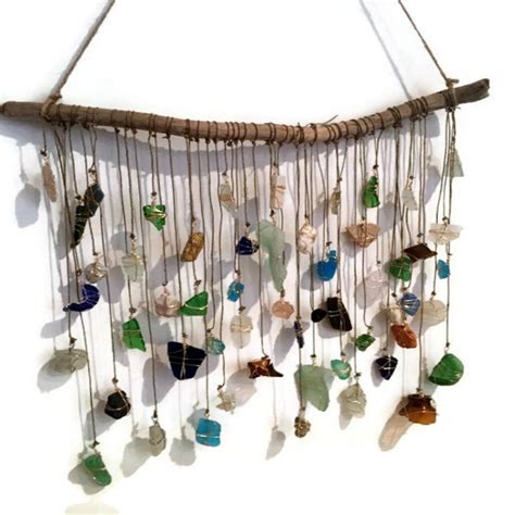 Bohemian Sea Glass Suncatcher Whimsical Driftwood Mobile Eco Friendly Home Decor