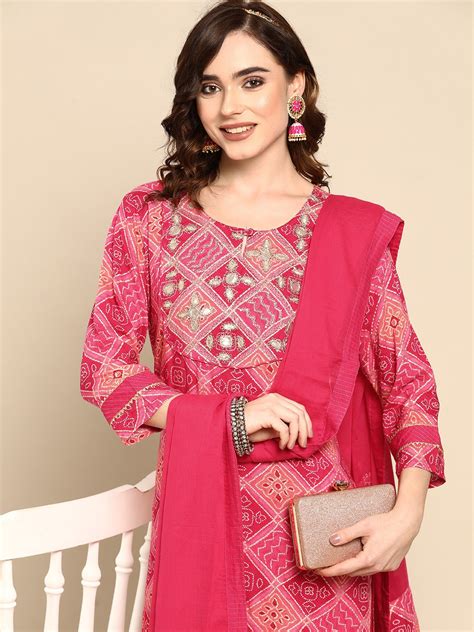 Buy Sangria Women Pink Ethnic Motifs Printed Kurta With Trousers And With