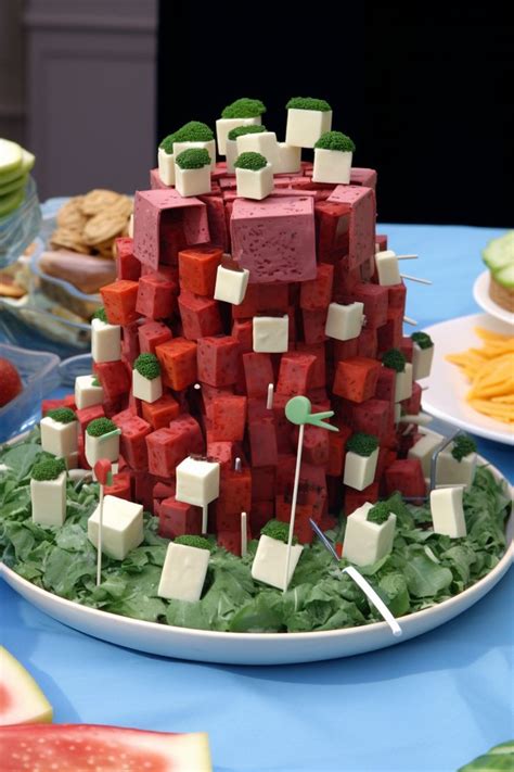 a cake made out of cubes and marshmallows on a plate with other food items