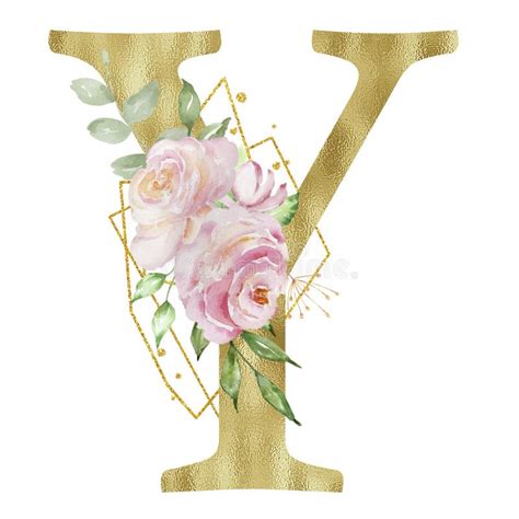 Floral Watercolor Alphabet Golden Letter A Z With Roses Stock Photo