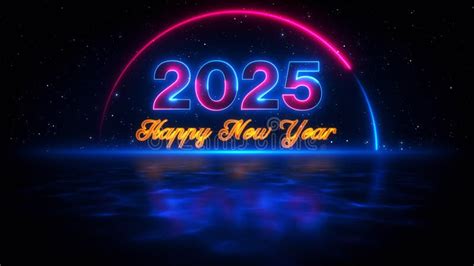 Happy New Year 2025 Neon Light With Reflection On Blue Water Starry