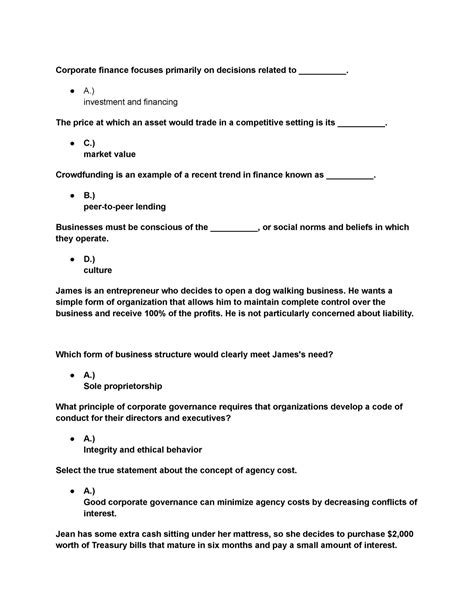 Sophia Pathways Principles Of Finance Unit 1 Challenge 1 Corporate