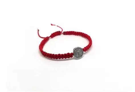 Pulsera San Benito Plata Tejida Hilo Nylon Rojo Ajustable Meses