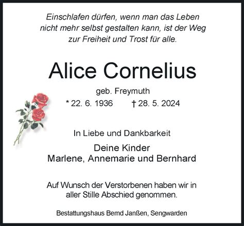 Traueranzeigen Von Alice Cornelius Nordwest Trauer De