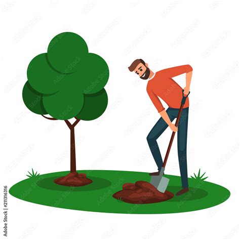 Man digging a hole for a tree. cartoon boy volunteer with a shovel ...