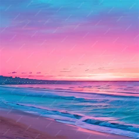 Premium Photo | A painting of a beach with a pink and blue sunset.