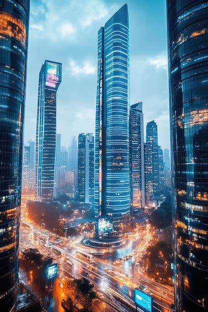 The Night Landscape Of A Futuristic City Tall Buildings With