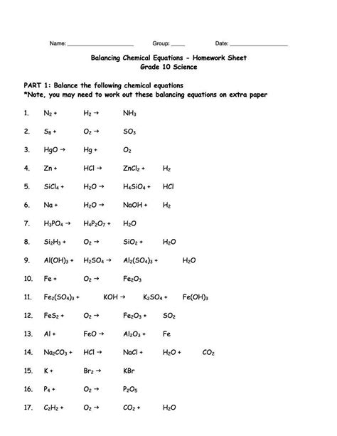 Chemistry Balancing Chemical Equations Worksheets