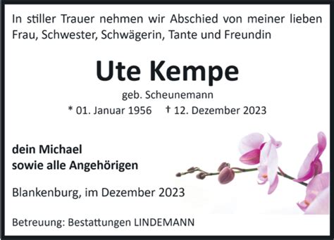 Traueranzeigen Von Ute Kempe Abschied Nehmen De