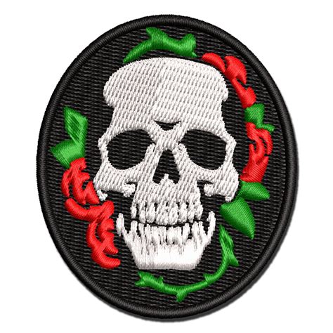 Skull And Roses Flowers Bones Applique Multi Color Embroidered Hook And Loop Patch 20 Inch Mini