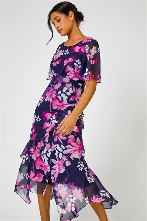 Floral Print Frill Detail Midi Dress In Navy Roman Originals Uk