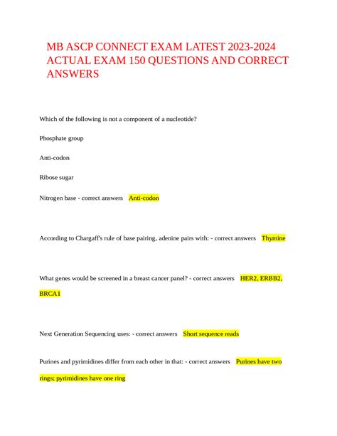 MB ASCP CONNECT EXAM LATEST 2023 2024 ACTUAL EXAM 150 QUESTIONS AND