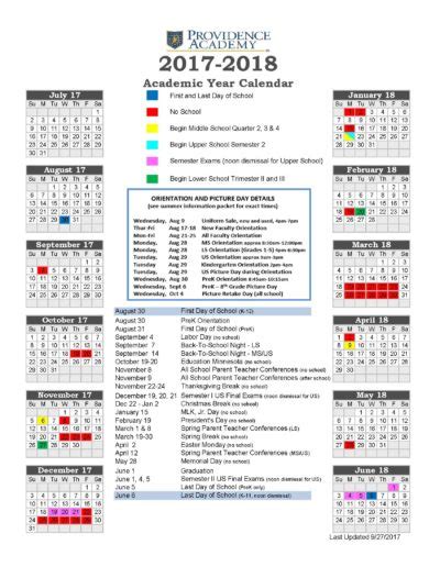 17 18updated Academic Calendar Providence Academy