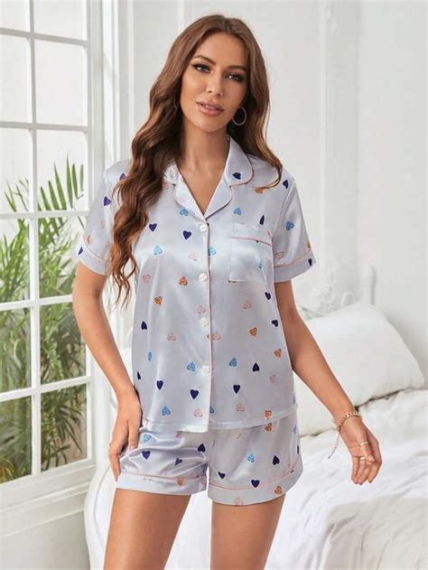 Heart Print Contrast Piping Satin Pj Set Shein Usa