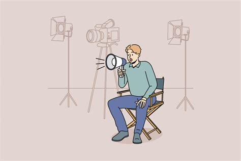 Film Producer Sitting On Chair Screaming In Megaphone At Shooting Man