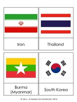 Asian Flags Three Part Cards Asia Continent Box Montessori Earth Day