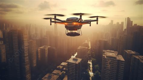 Drone Is Flying Over A City With Tall Buildings Background 3d