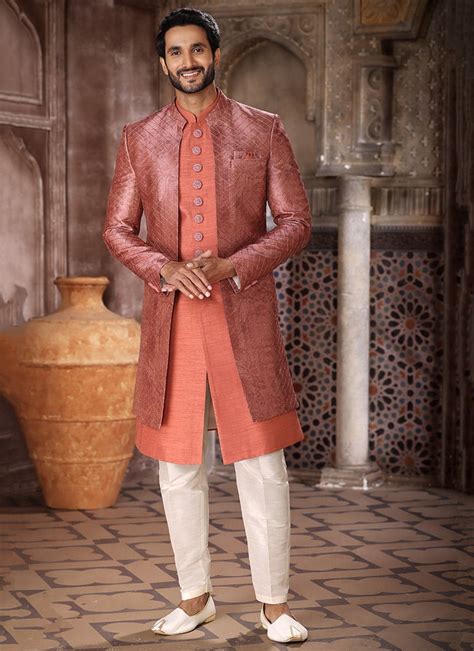 Shop Rust Art Silk Computer Thread Work Indowestern Sherwani Wedding