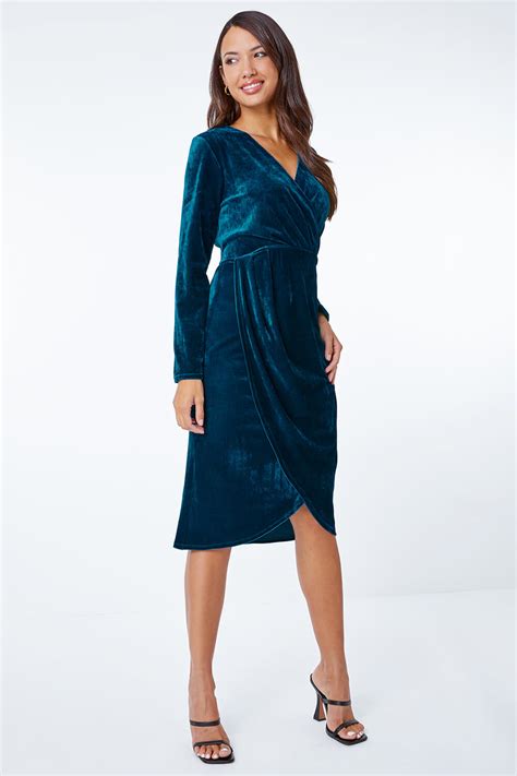 Stretch Velvet Midi Wrap Dress In Teal Roman Originals Uk