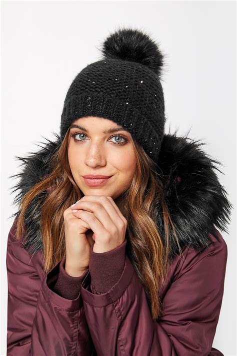 Black Sequin Pom Pom Hat Yours Clothing