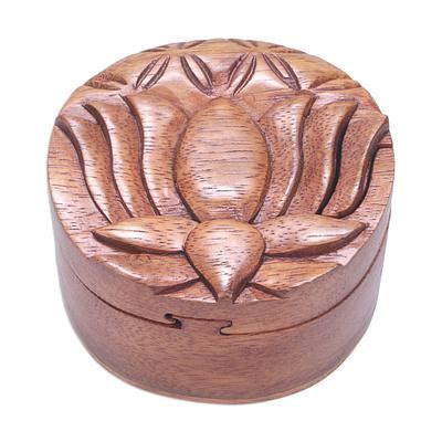 Suar Wood Puzzle Box With Lotus Flower Protection Lotus Novica