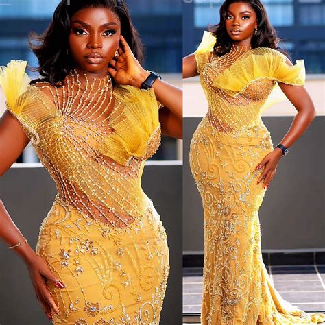 Aso Ebi Yellow Mermaid Prom Dress Sparkling Beaded Illusion Gown For Formal Parties 50th