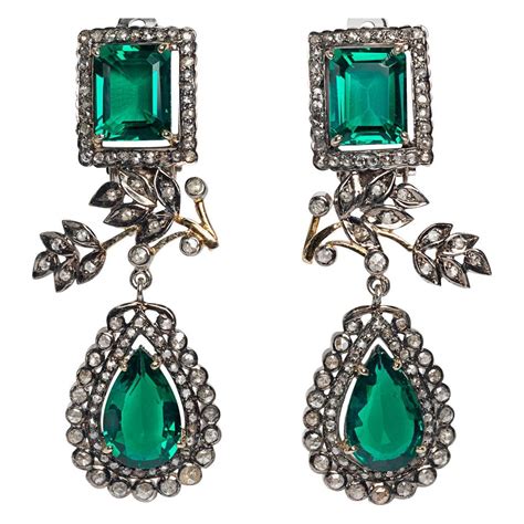 Romantic Diamond Antique Emerald Paste Drop Earrings At Stdibs