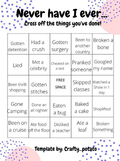 A Never Have I Ever Bingo Template I Made Bingo Template Fill The