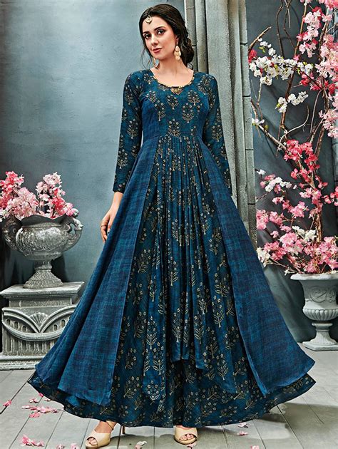 Prussian Blue Georgette Printed Fancy Layered Anarkali Kurti In 2020