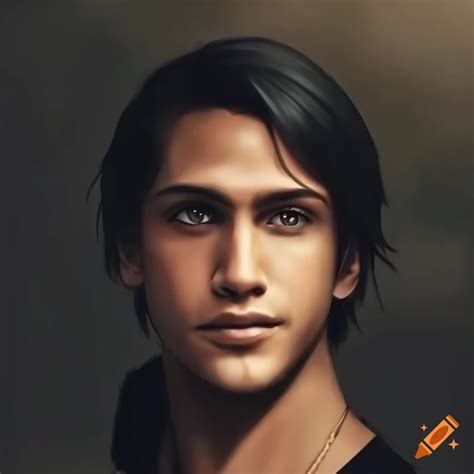 Portrait Of A Handsome Biracial Man With Blue Eyes And Long Black Hair