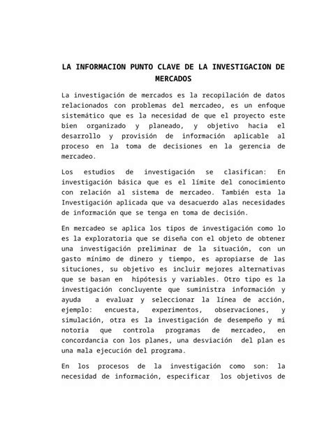 Docx Ensayo La Ion Punto Clave De La Investigacion De Mercados