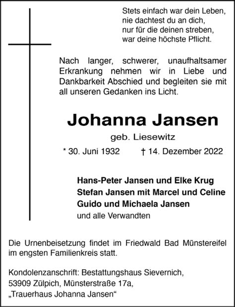 Traueranzeigen Von Johanna Jansen Wirtrauern