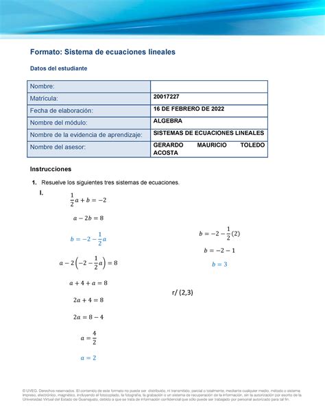 Sistema De Ecuaciones Lineales Tarea Uveg Uveg Derechos Reservados